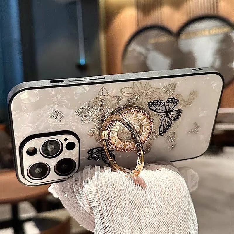 Luxury Apple iPhone Case, MagSafe Compatible, Camera Lens & Screen Protection, Ultra Thin, Shockproof, Magnetic Full All Around Cover – Butterfly Flower Pattern Silicone Case with Diamond Ring Holder & Hard Back Protection