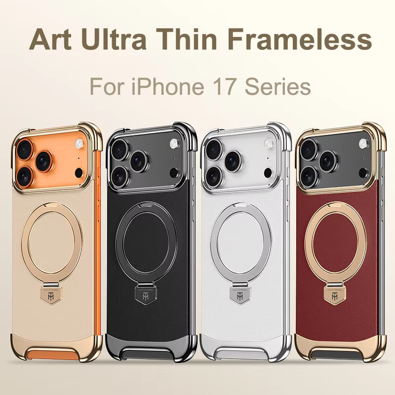 Luxury Leather Frameless iPhone Case – Ultra Thin Magnetic Cover with Metal Bracket Stand, Shockproof Bumper Protection and Camera Lens Guard