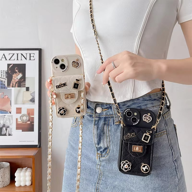 Luxury Apple iPhone Case, MagSafe Compatible, Camera Lens & Screen Protection, Ultra Thin, Shockproof, Magnetic Full All Around Cover – Camellia Flower Pearl Crown Crossbody Wallet Case