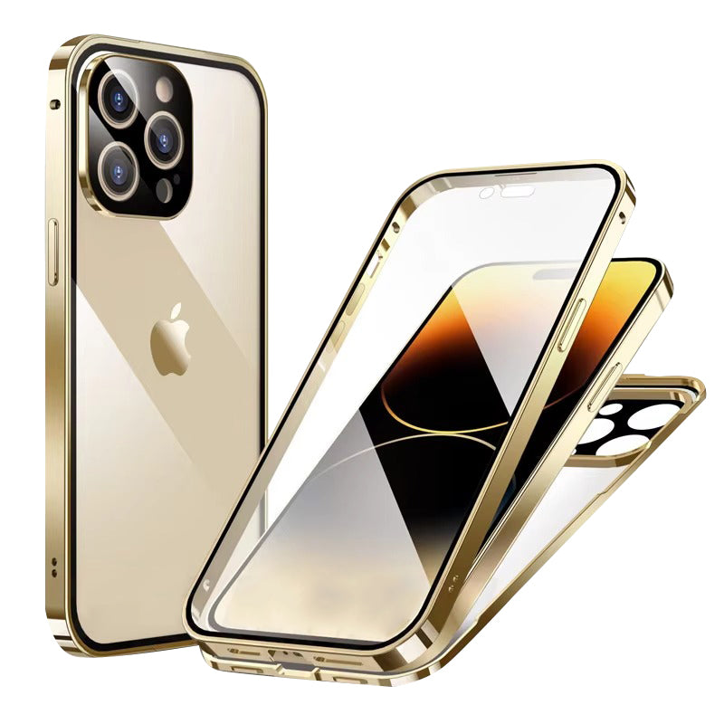 Luxury Apple iPhone Case MagSafe Compatible, Camera Lens & Screen Protection Cover with Double Glass Snap Lock Frame