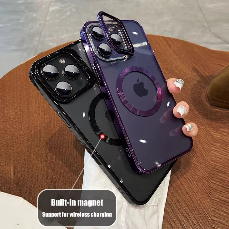 Luxury Apple iPhone Case Ultra Thin Shockproof Magnetic Full All Around Protection Cover with Transparent Plating Bracket