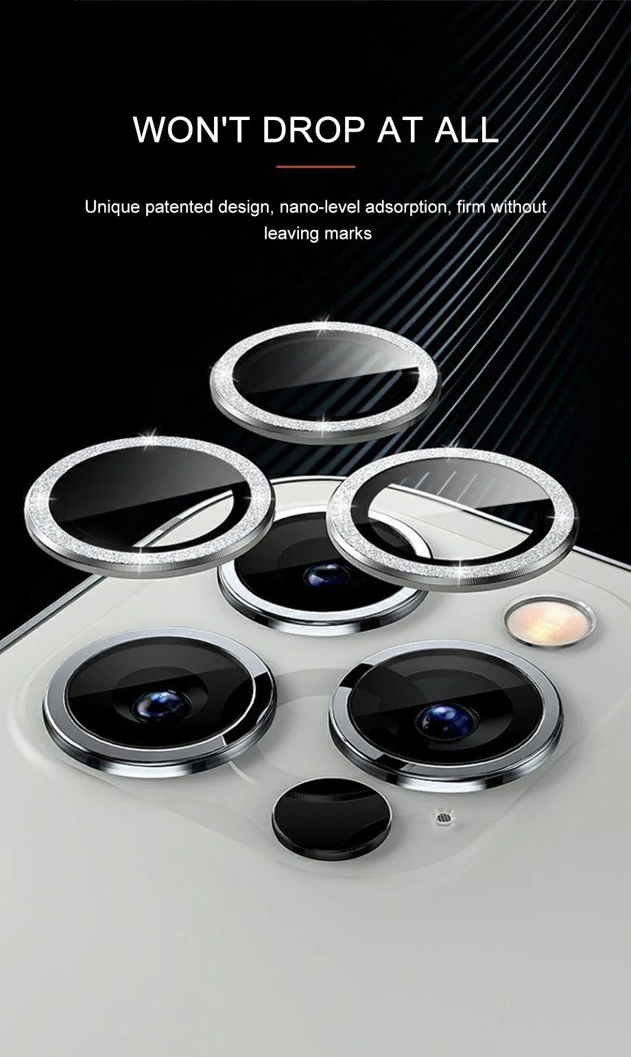Luxury Metal Camera Lens Protector for iPhone – Diamond Edging, 9H Corning Glass, Anti-Scratch, Shockproof, Ultra HD Transparent Lens Cover Ring