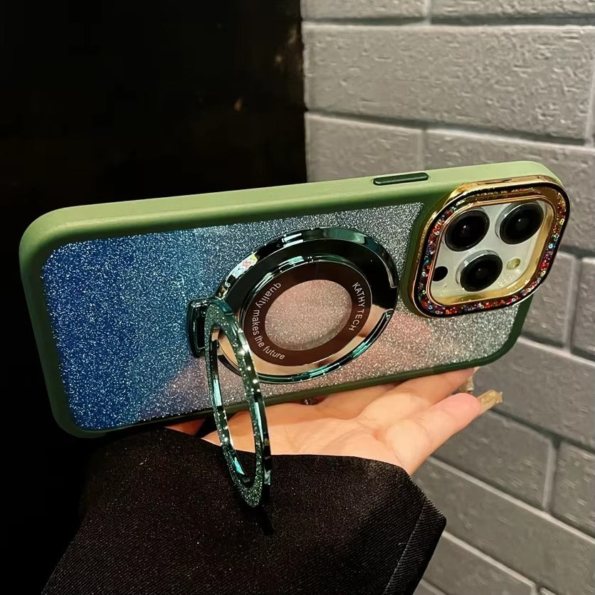 Luxury Apple iPhone Case, MagSafe Compatible, Camera Lens & Screen Protection, Ultra Thin, Shockproof, Magnetic Full All Around Cover – Gradient Glitter Diamond Case with Stand Holder & Wireless Charging Support