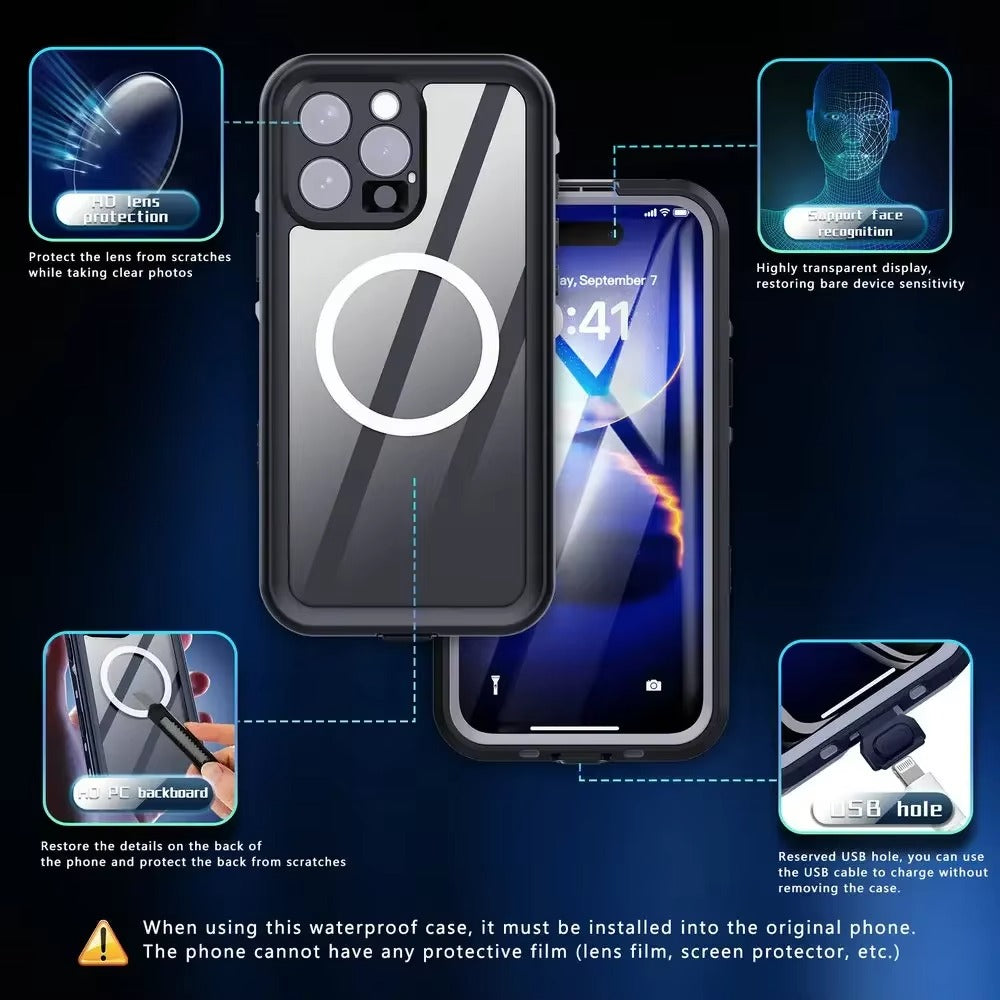 Luxury Apple iPhone Case MagSafe Compatible, Camera Lens & Screen Protection, Ultra Thin Shockproof Magnetic Full All Around Protection Cover with IP68 Waterproof 360 Seal Design