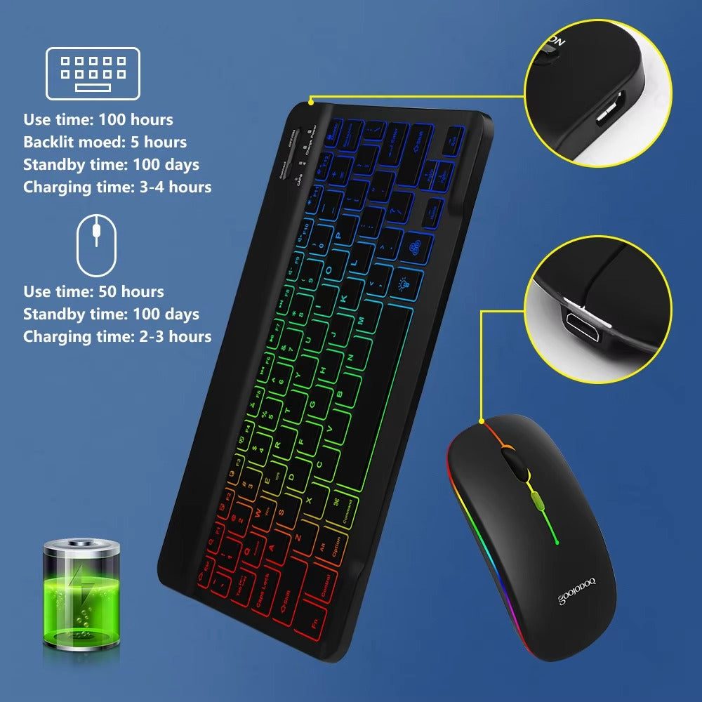 Premium 10-Inch Backlit Bluetooth Keyboard and Mouse Multi-Device Combo for iPad, Android, Windows, and iOS Tablets