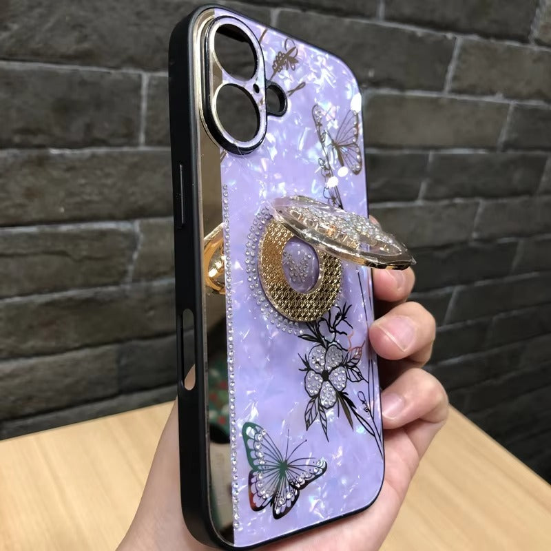 Luxury Apple iPhone Case, MagSafe Compatible, Camera Lens & Screen Protection, Ultra Thin, Shockproof, Magnetic Full All Around Cover – Shell Pattern Butterfly Case with Ring Holder & Hard Silicone TPU Back Design