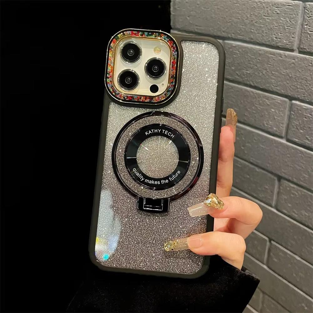 Luxury Apple iPhone Case, MagSafe Compatible, Camera Lens & Screen Protection, Ultra Thin, Shockproof, Magnetic Full All Around Cover – Gradient Glitter Diamond Case with Stand Holder & Wireless Charging Support