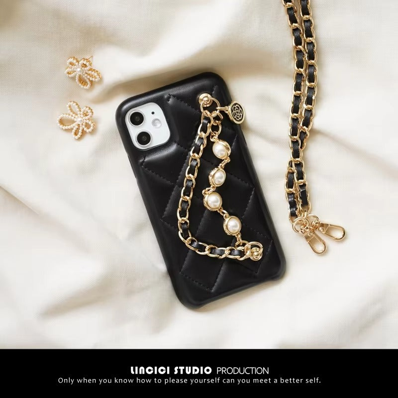 High Quality Apple iPhone Case, MagSafe Compatible, Camera Lens & Screen Protection, Ultra Thin, Shockproof, Magnetic Full All Around Cover – Lambskin Leather Handbag Case with Flower Pearl Strap & Long Metal Chain