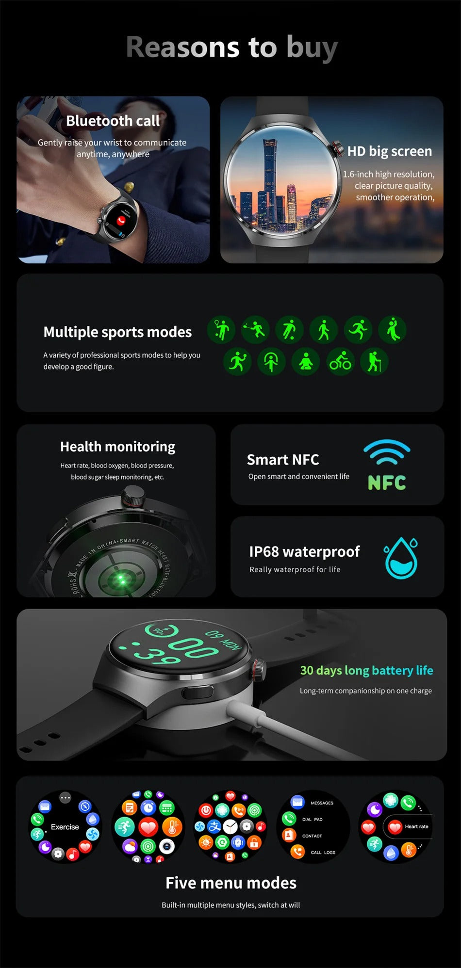 NFC GPS Smartwatch for Men – 1.6" AMOLED Display, Bluetooth Calling, Health & Fitness Tracker, Sleep Monitor, IP68 Waterproof, Long Battery Life, Voice Assistant