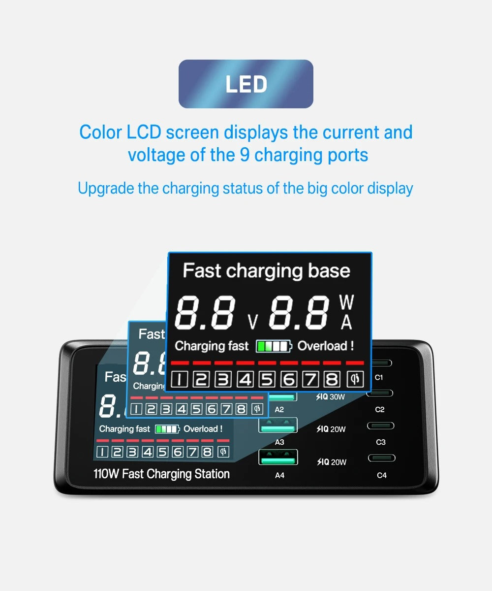 Premium 110W USB C Charging Station – Multi Port 9 in 1 Fast Charger with PD QC3.0, Wireless Charging, Digital Display for Phones, Tablets and Earbuds