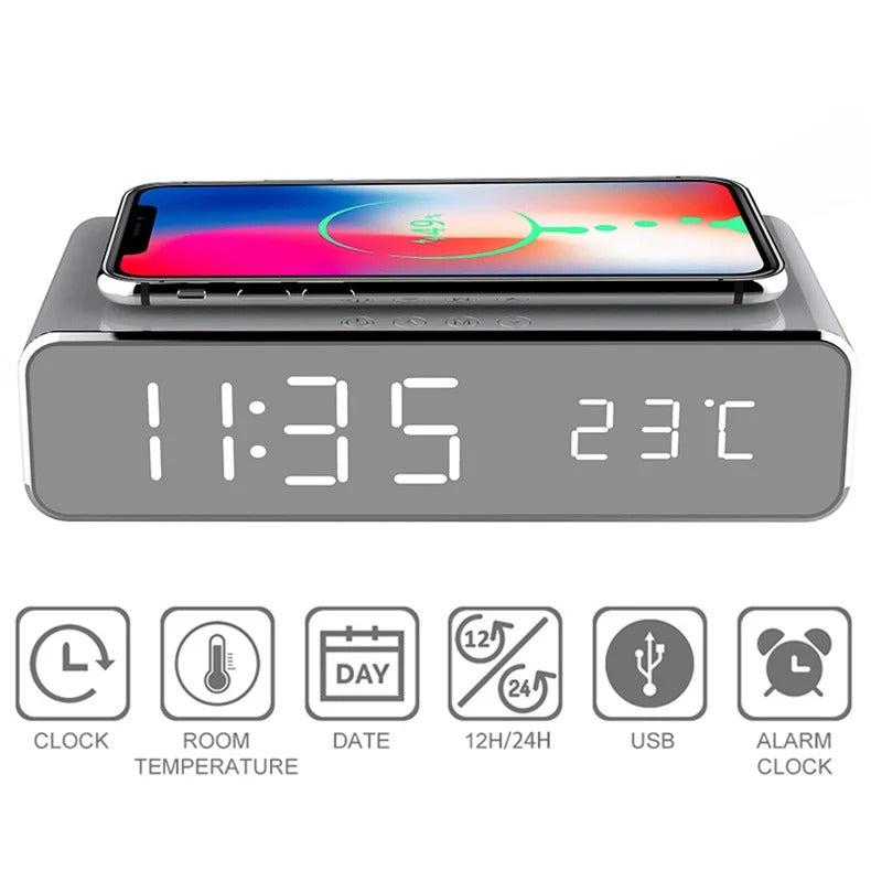 Luxury Wireless Charging Alarm Clock – LED Digital Thermometer Dock Station with Fast 5W Charger for Phones, Smartwatches, and Earbuds