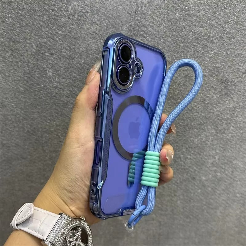 High Quality Apple iPhone Case, MagSafe Compatible, Camera Lens & Screen Protection, Ultra Thin, Shockproof, Magnetic Full All Around Cover – Blade Mecha TPU Transparent Case with Plating Finish & Wrist Strap