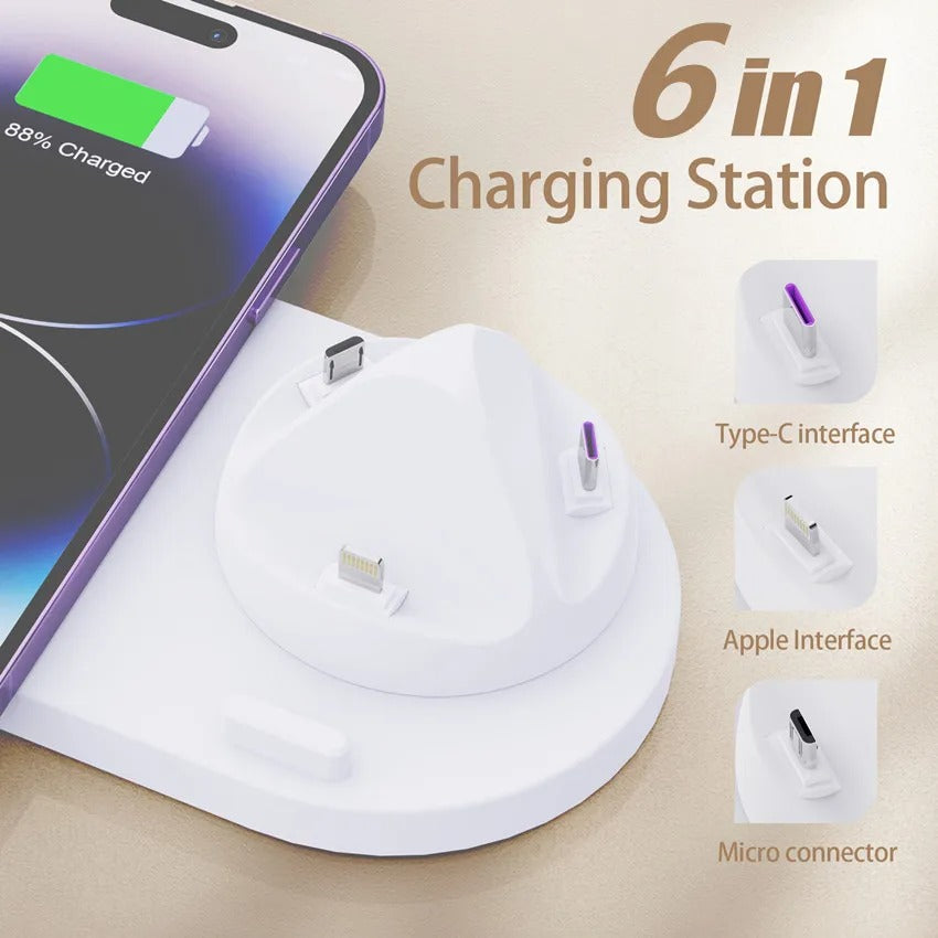 Premium 6 in 1 Wireless Charging Station – Fast Charger Dock for iPhone, Apple Watch, AirPods with Type-C, Lightning & Micro USB Ports, 15W Output