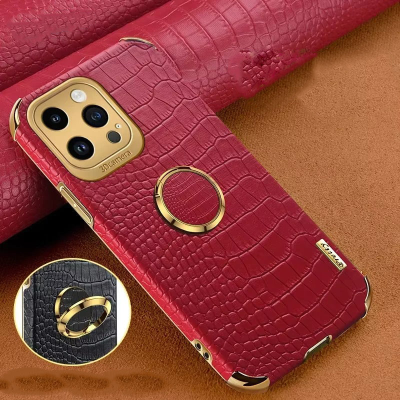 Premium Apple iPhone Case MagSafe Compatible, Camera Lens & Screen Protection, Ultra Thin Shockproof Magnetic Full All Around Protection Cover with Crocodile Leather Ring Holder