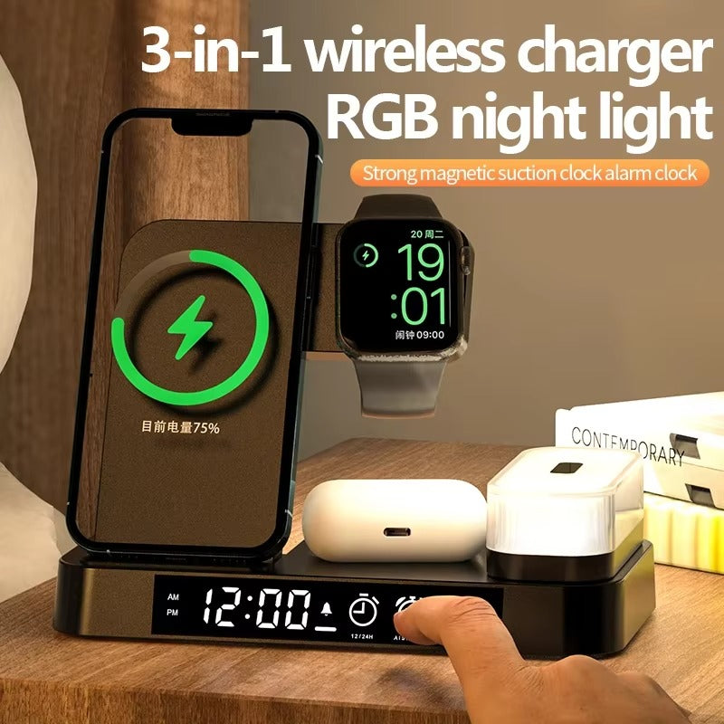 Premium 3 in 1 Wireless Charging Station – 30W Fast Charger Stand with Alarm Clock, Removable RGB Night Light for Phones, Apple Watch, Samsung Watch & AirPods