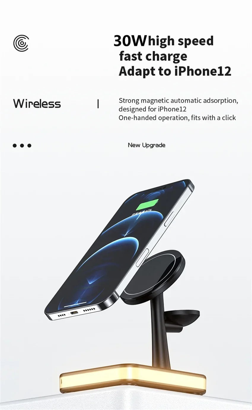 Premium 4 in 1 Magnetic Wireless Charging Station – 30W Fast Charger Stand with LED Lamp, Cooling Fan, USB Output for Phones, AirPods and Apple Watch