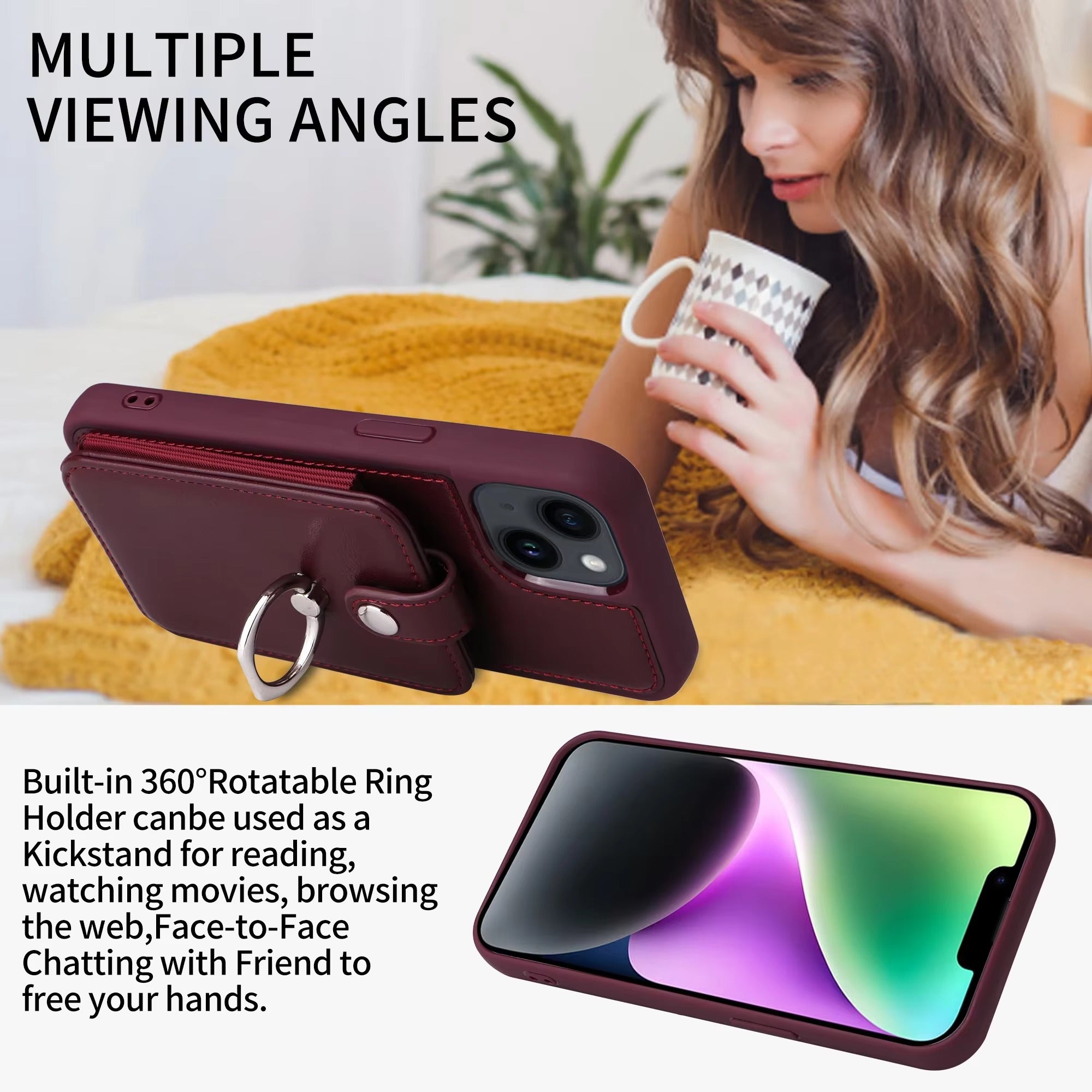 Premium Leather Apple iPhone Case, MagSafe Compatible, Ultra Thin Magnetic Card Slot Wallet and Ring Grip