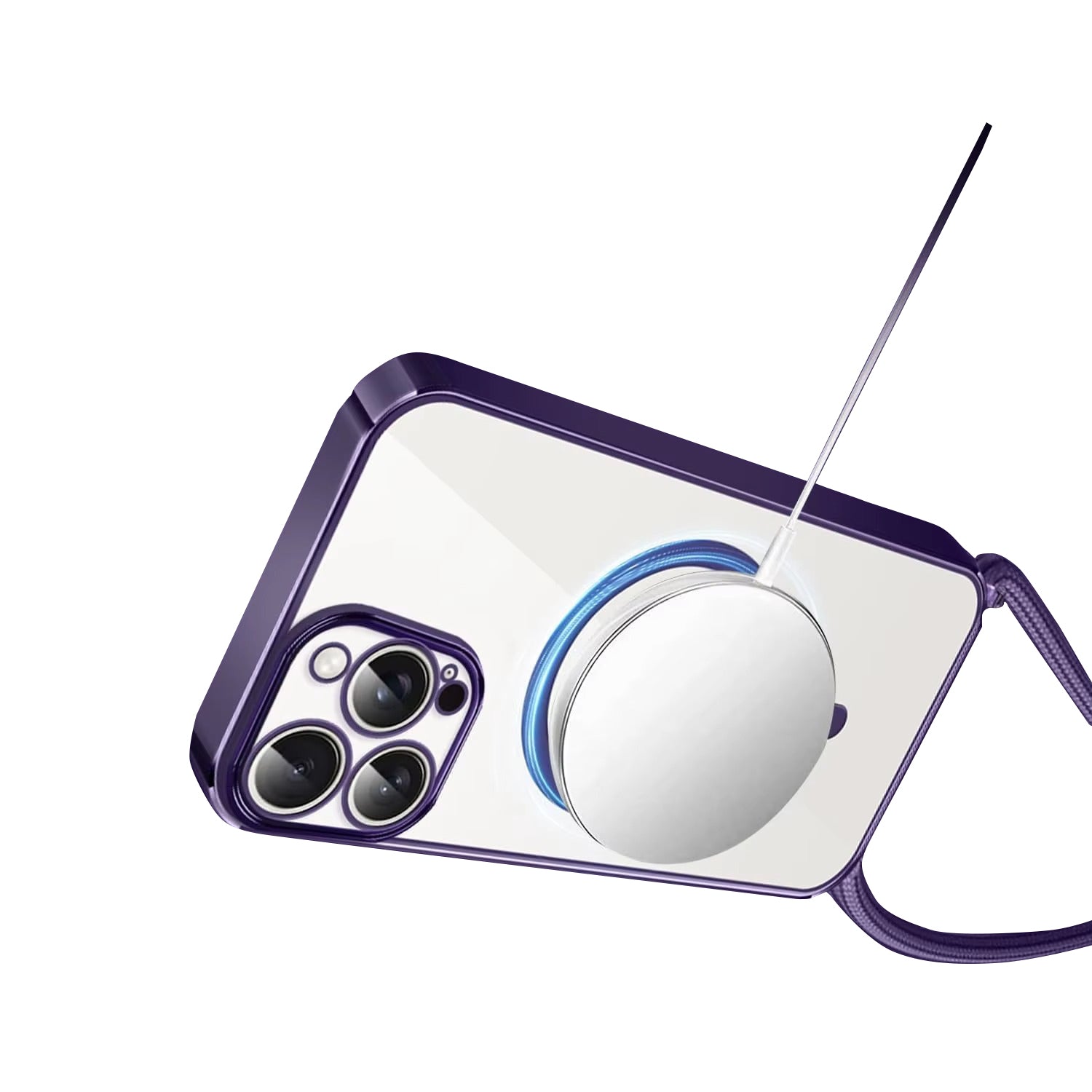 Luxury Apple iPhone Case, MagSafe Compatible, Camera Lens & Screen Protection, Ultra Thin, Shockproof, Magnetic Full All Around Cover – Clear Plating Soft Case with Necklace Lanyard Cord