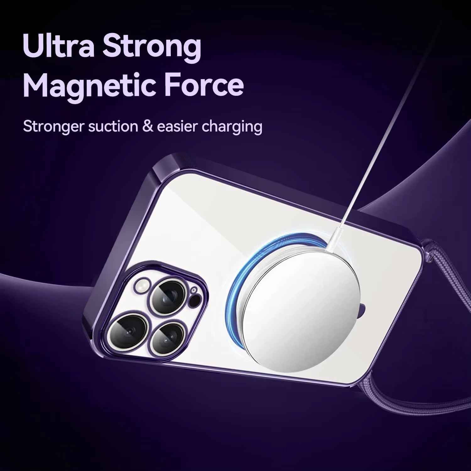 Luxury Apple iPhone Case, MagSafe Compatible, Camera Lens & Screen Protection, Ultra Thin, Shockproof, Magnetic Full All Around Cover – Clear Plating Soft Case with Necklace Lanyard Cord