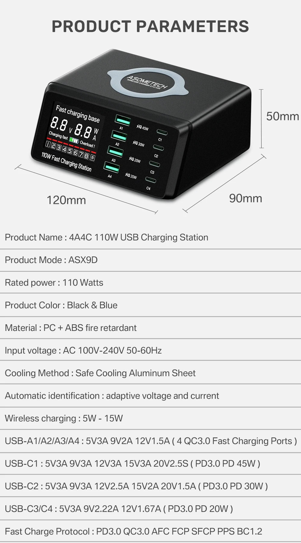 Premium 110W USB C Charging Station – Multi Port 9 in 1 Fast Charger with PD QC3.0, Wireless Charging, Digital Display for Phones, Tablets and Earbuds