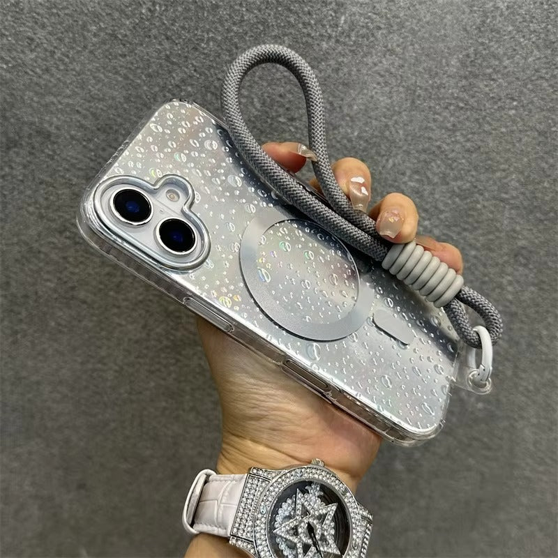 Luxury Apple iPhone Case, MagSafe Compatible, Camera Lens & Screen Protection, Ultra Thin, Shockproof, Magnetic Full All Around Cover – Laser Aurora Raindrop Acrylic Case with Wrist Strap & Wireless Charging