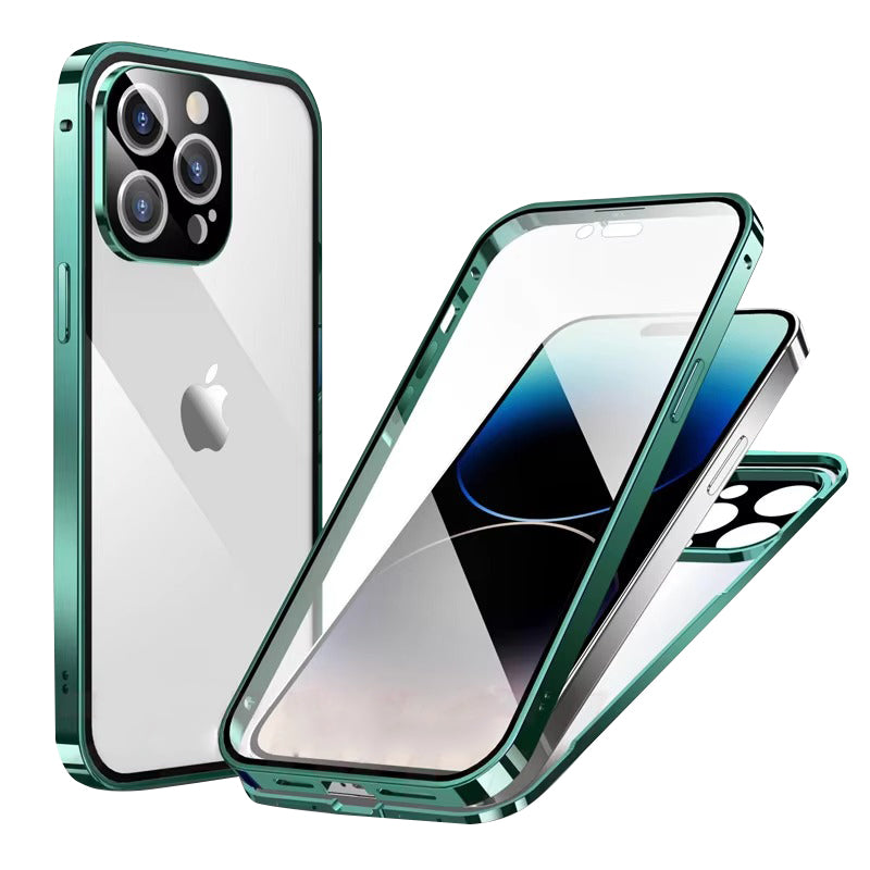 Luxury Apple iPhone Case MagSafe Compatible, Camera Lens & Screen Protection Cover with Double Glass Snap Lock Frame