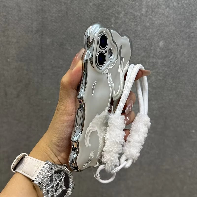 Luxury Apple iPhone Case, MagSafe Compatible, Camera Lens & Screen Protection, Ultra Thin, Shockproof, Magnetic Full All Around Cover – 3D Wave Edge Plating Case with Plush Wristband & Lanyard Strap