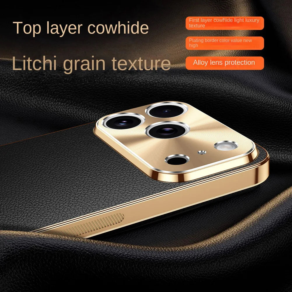 Luxury iPhone Case MagSafe Compatible Protective Cover with Camera Lens Protection Shockproof Full Protection Electroplated Frame Lychee Texture Leather Back