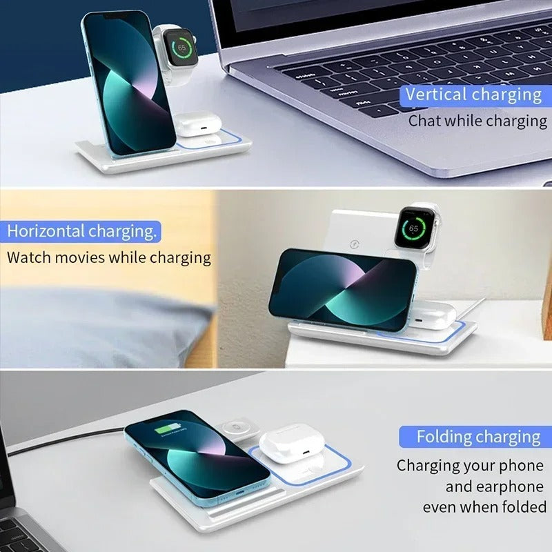 Premium 4 in 1 Wireless Charging Station with LED Light – Foldable Fast Charger Stand for Phones, Apple Watch, AirPods and Qi-Compatible Devices