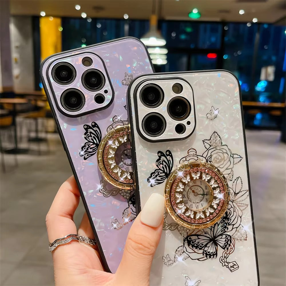 Luxury Apple iPhone Case, MagSafe Compatible, Camera Lens & Screen Protection, Ultra Thin, Shockproof, Magnetic Full All Around Cover – Butterfly Flower Pattern Silicone Case with Diamond Ring Holder & Hard Back Protection