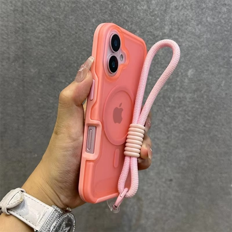 High Quality Apple iPhone Case, MagSafe Compatible, Camera Lens & Screen Protection, Ultra Thin, Shockproof, Magnetic Full All Around Cover – Dual Color Matte Armor Case with Wrist Strap & Magnetic Lanyard