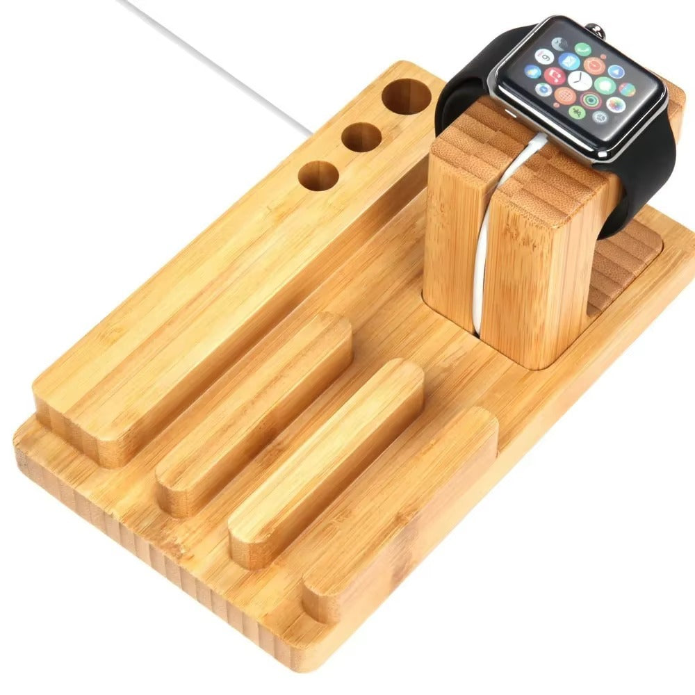 Luxury Bamboo Charging Dock Station – Multifunctional Stand Holder for iPad, iPhone, Apple Watch, Tablets and Smartphones with Cable Organizer