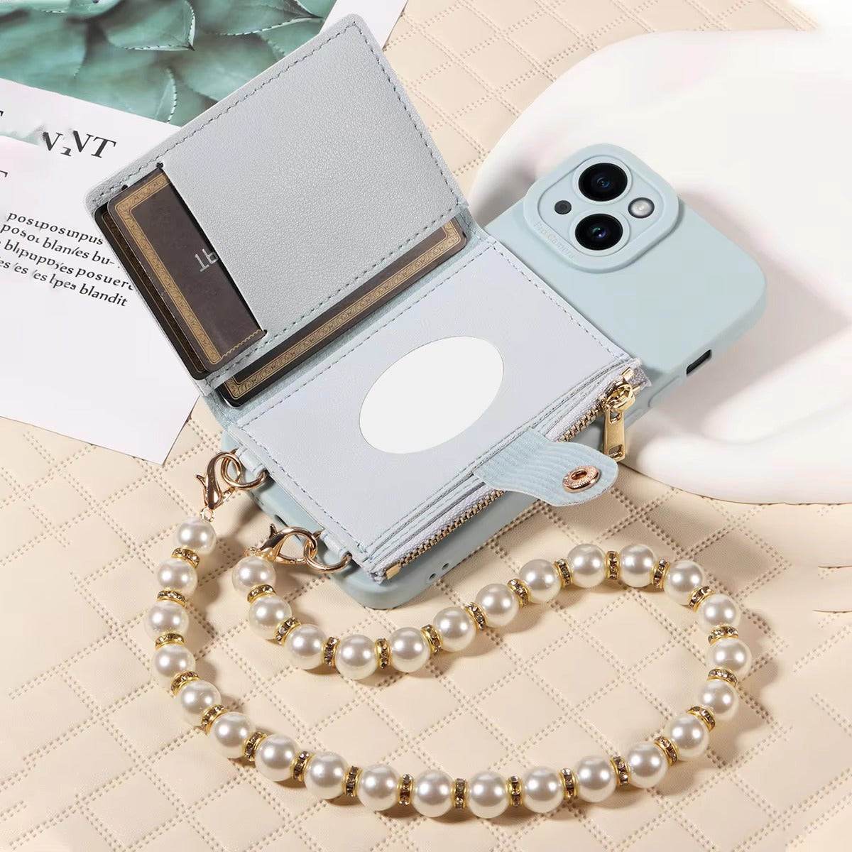 High Quality Apple iPhone Case, MagSafe Compatible, Camera Lens & Screen Protection, Ultra Thin, Shockproof, Magnetic Full All Around Cover – PU Leather Wallet Case with Mirror, Zipper & Pearl Strap