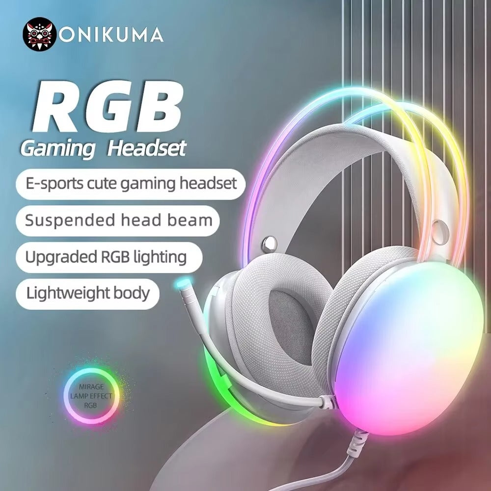 Premium, RGB Gaming Headset with Microphone Full RGB Lighting Comfortable Over-Ear Headphones for Apple Devices and PC Gamers