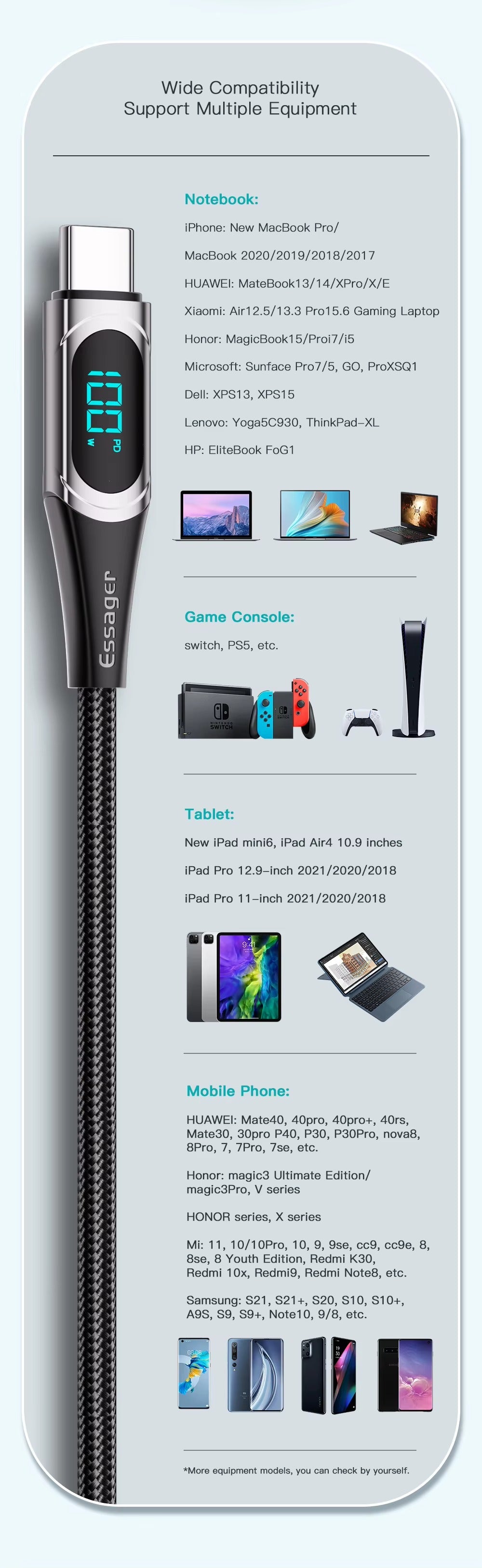 High Power 100W USB-C to USB-C Cable – Fast Charging 5A PD Charger Cord with LED Display, 480Mbps Data Transfer, 1m/2m Nylon Braided Wire for Laptop & Phone