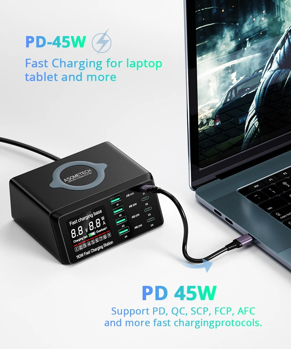 Premium 110W USB C Charging Station – Multi Port 9 in 1 Fast Charger with PD QC3.0, Wireless Charging, Digital Display for Phones, Tablets and Earbuds