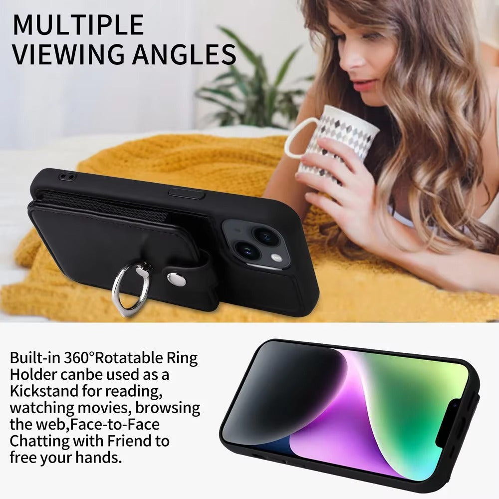 Premium Leather Apple iPhone Case, MagSafe Compatible, Ultra Thin Magnetic Card Slot Wallet and Ring Grip