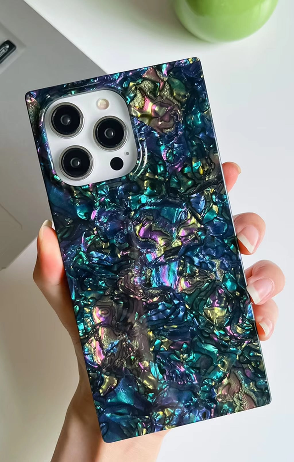 Luxury Apple iPhone Case, MagSafe Compatible, Camera Lens & Screen Protection, Ultra Thin, Shockproof, Magnetic Full All Around Cover – Colorful Abalone Mother of Pearl Case with Slim Rectangle Edge & Soft Silicone Design