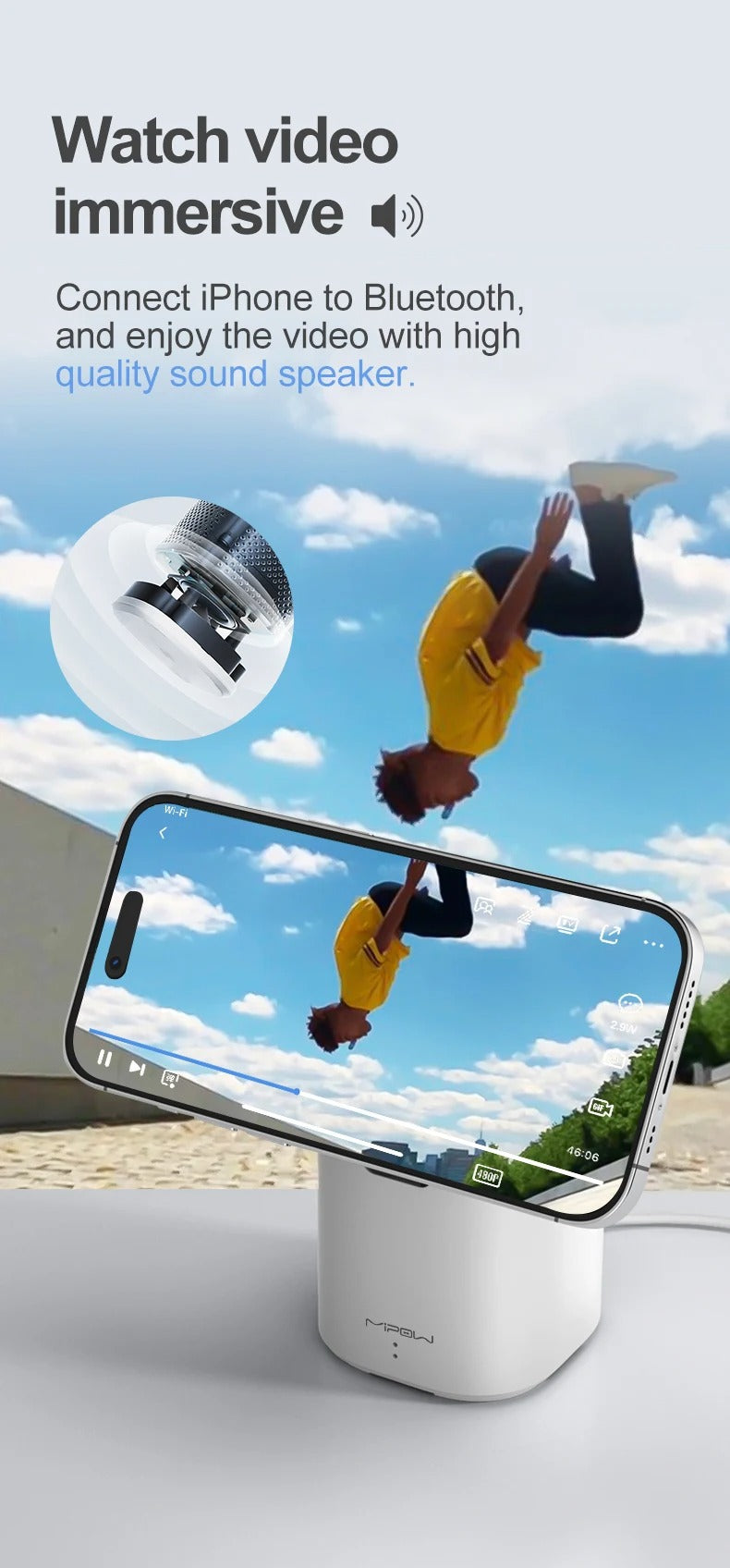 Premium Magnetic Wireless Charging Station with Bluetooth Speaker – 15W Fast Charger Stand and Phone Holder Dock for iPhone and AirPods