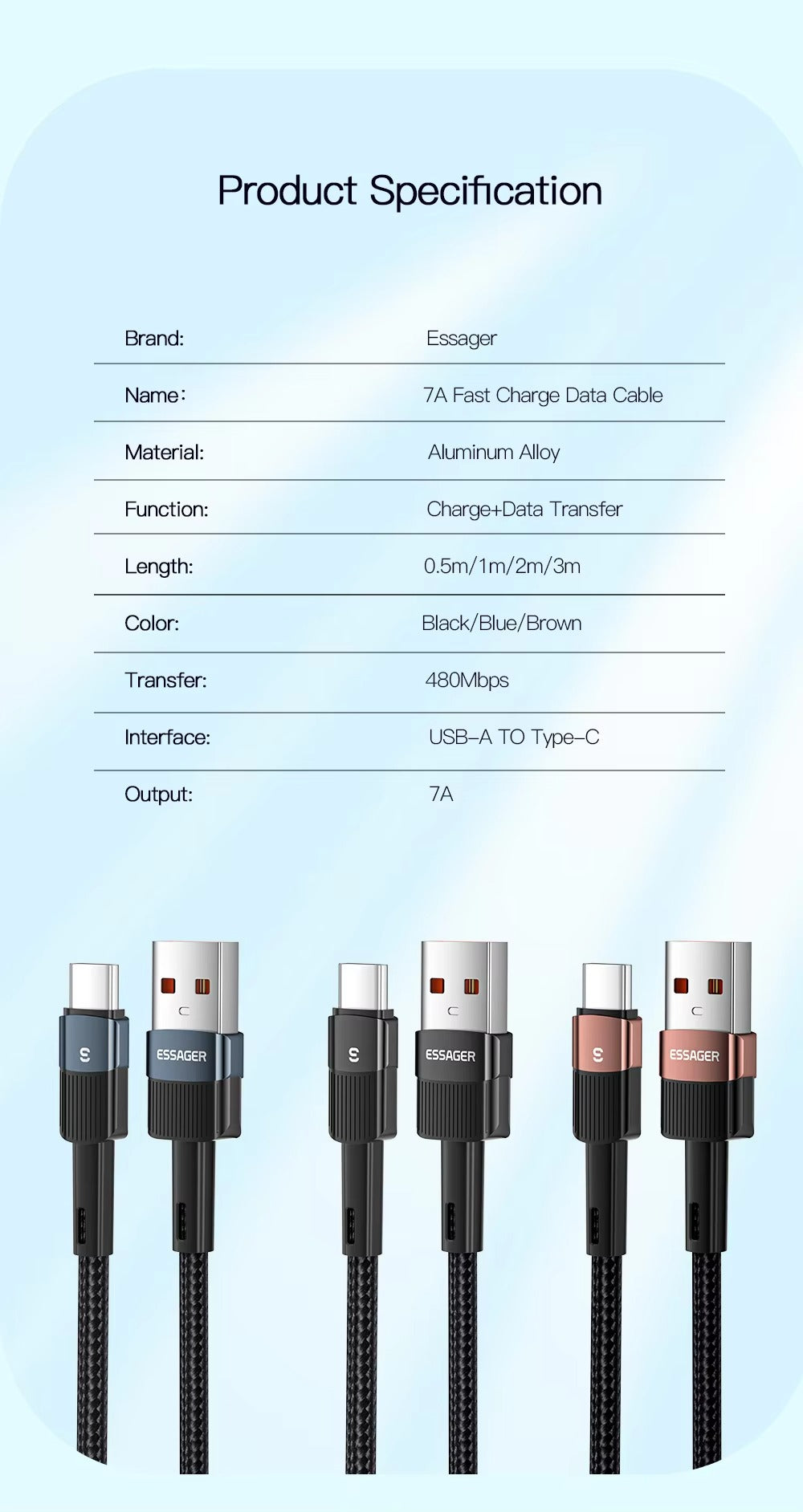 High Power 7A USB-A to USB-C Fast Charging Cable – 80W/100W Quick Charge Cord, 480Mbps Data Sync, Durable Aluminum Braided Wire, 0.5m 1m 2m 3m Options