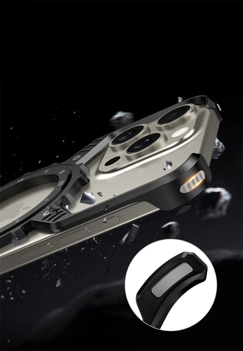 Robust Apple iPhone Case, MagSafe Compatible, Camera Lens & Screen Protection, Ultra Thin, Shockproof, Magnetic Full All Around Cover – X-Shaped Gear Aluminum Case with 360° Stand & Noctilucent Frameless Design