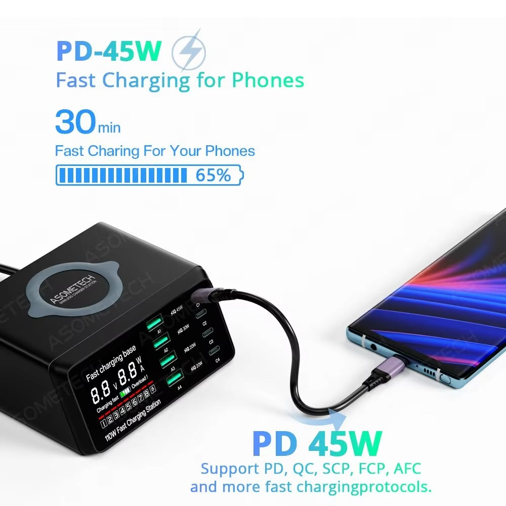 Premium 110W USB C Charging Station – Multi Port 9 in 1 Fast Charger with PD QC3.0, Wireless Charging, Digital Display for Phones, Tablets and Earbuds