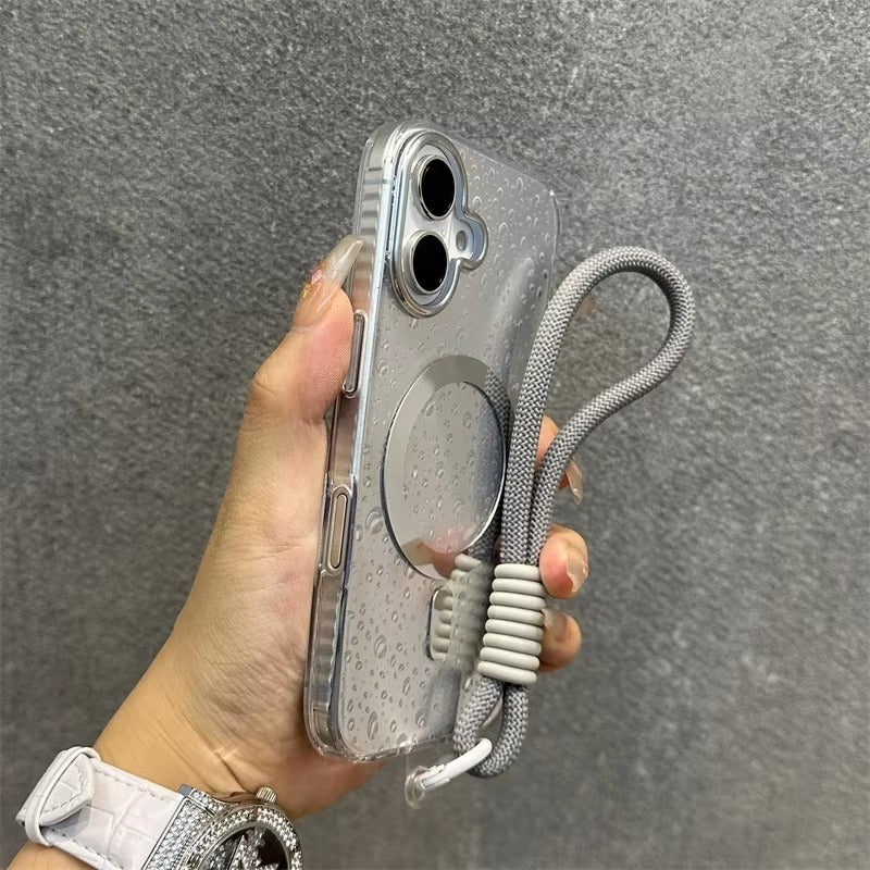 Luxury Apple iPhone Case, MagSafe Compatible, Camera Lens & Screen Protection, Ultra Thin, Shockproof, Magnetic Full All Around Cover – Laser Aurora Raindrop Acrylic Case with Wrist Strap & Wireless Charging