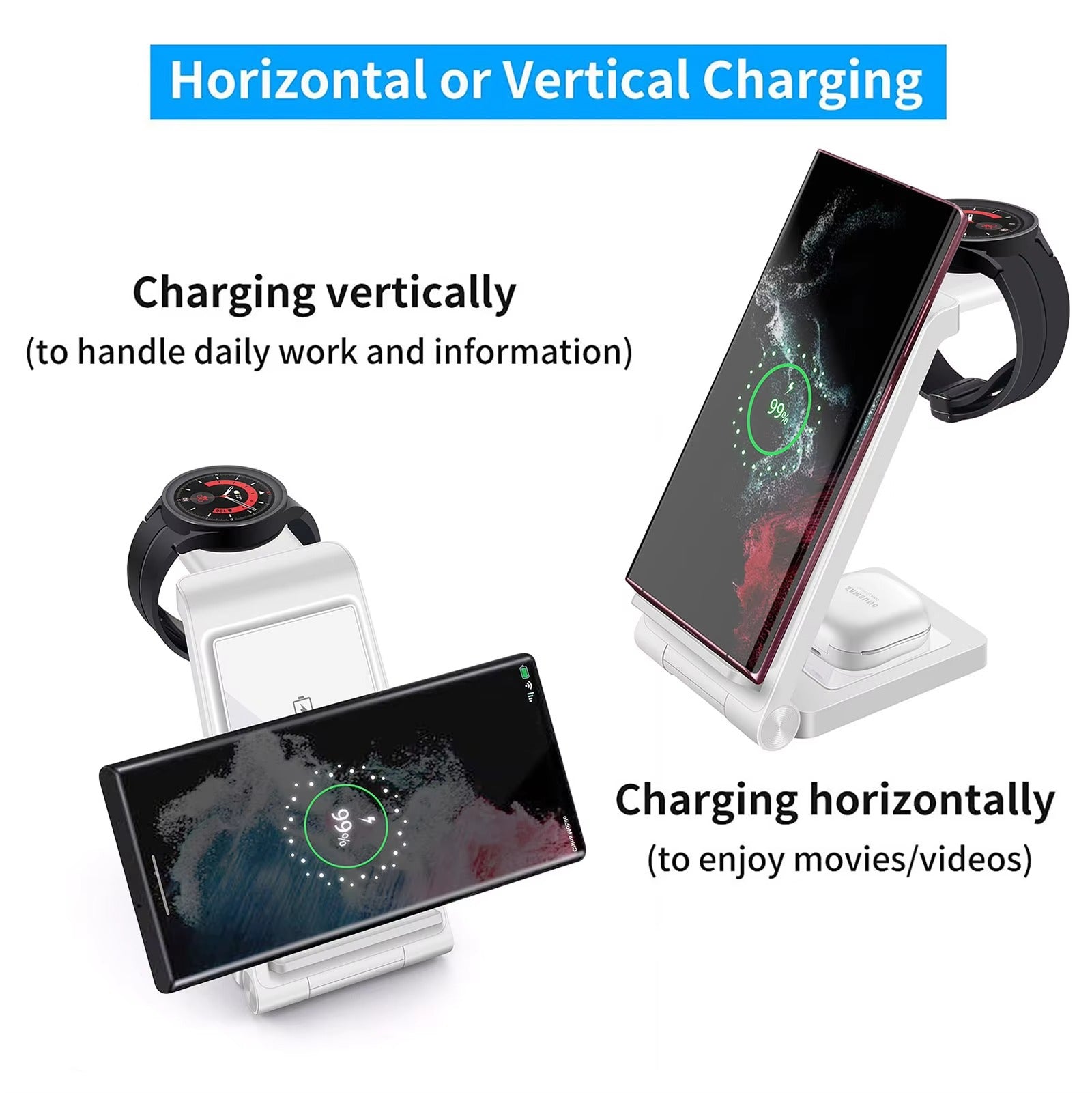 Premium 25W 3 in 1 Wireless Charging Station – Fast Charger Stand for Samsung Phones, Galaxy Watch and Buds with Detachable Holder and Type-C Cable