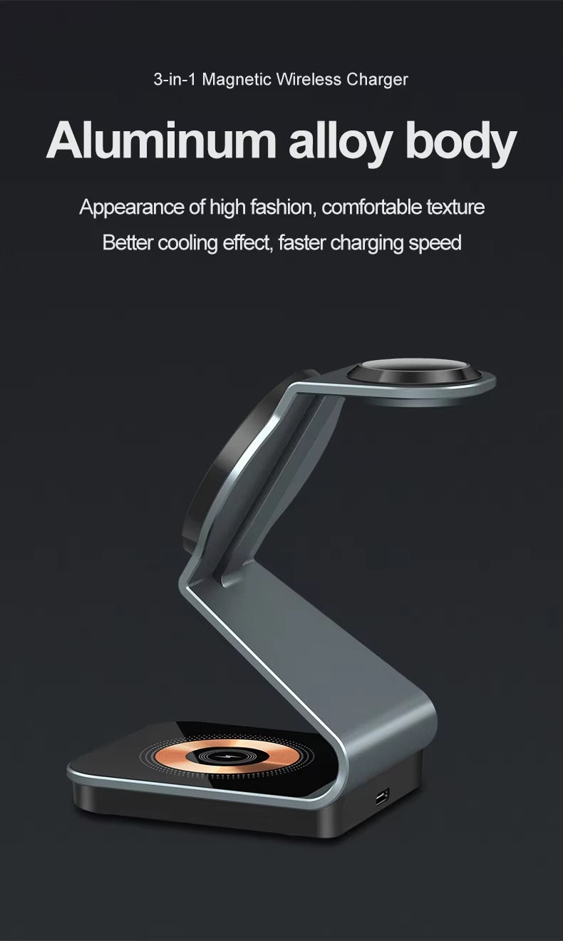 Luxury 3 in 1 Magnetic Wireless Charger Stand – Transparent Fast Charging Dock for iPhone, Apple Watch, AirPods with Aluminum Alloy Design, 15W Output