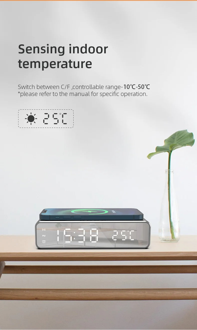 Luxury Wireless Charging Alarm Clock – LED Digital Thermometer Dock Station with Fast 5W Charger for Phones, Smartwatches, and Earbuds
