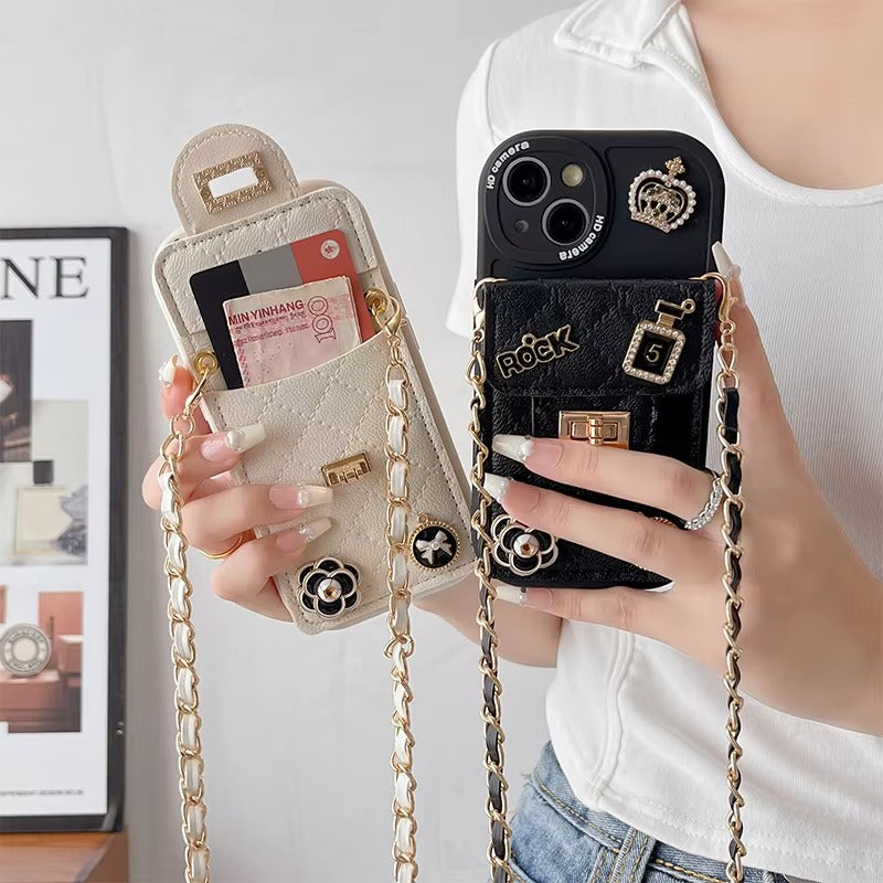 Luxury Apple iPhone Case, MagSafe Compatible, Camera Lens & Screen Protection, Ultra Thin, Shockproof, Magnetic Full All Around Cover – Camellia Flower Pearl Crown Crossbody Wallet Case