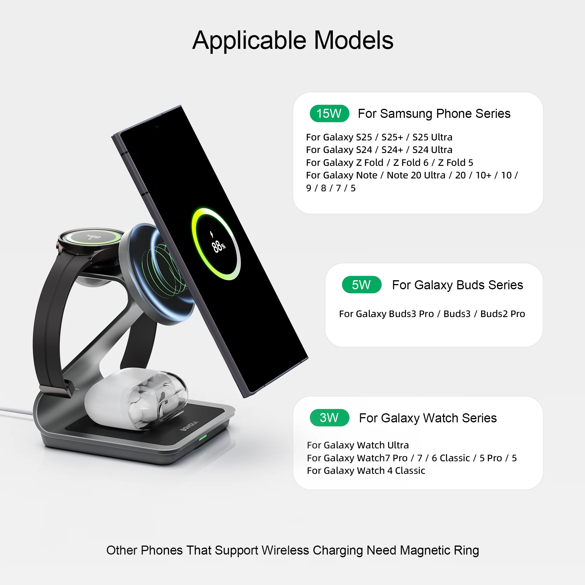 Premium 3 in 1 Magnetic Wireless Charging Stand – 15W Fast Charger Dock with Aluminum Alloy Metal Design for iPhone, Apple Watch and AirPods