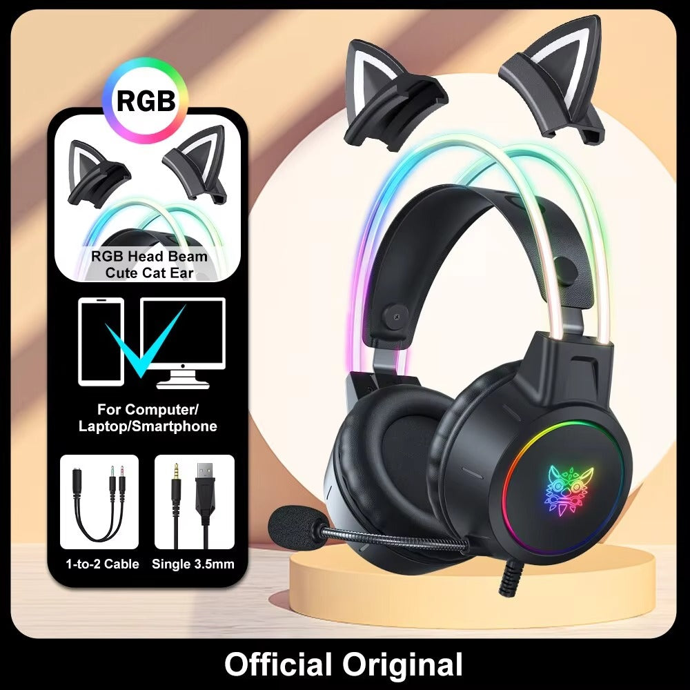 Premium Cat Ear Gaming Headset for iPhone & Mac – Wired Over-Ear Headphones with RGB Lights, Noise Streaming & Online Play