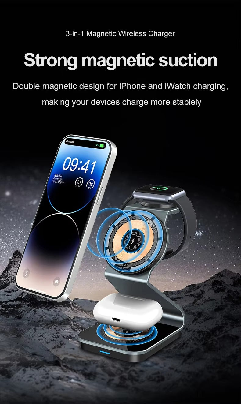 Luxury 3 in 1 Magnetic Wireless Charger Stand – Transparent Fast Charging Dock for iPhone, Apple Watch, AirPods with Aluminum Alloy Design, 15W Output